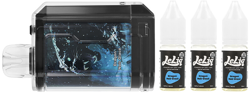 Le contenu de la boîte de la puff rechargeable Le Bar 45K Dragon Noir Glacé de chez Lost Vape